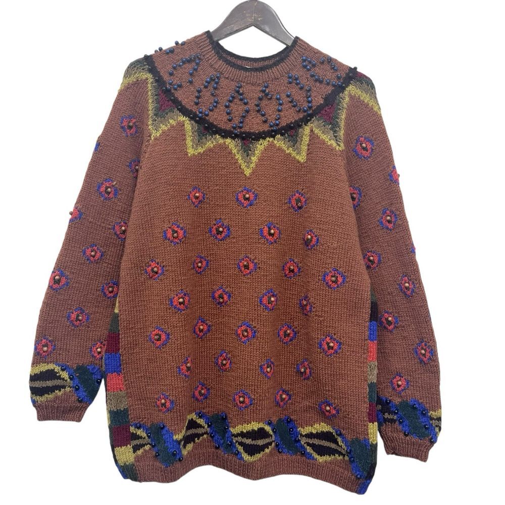 Muir & Osborne Vintage Womens Size Large Brown Wool Beaded Hand Knit Sweater euc